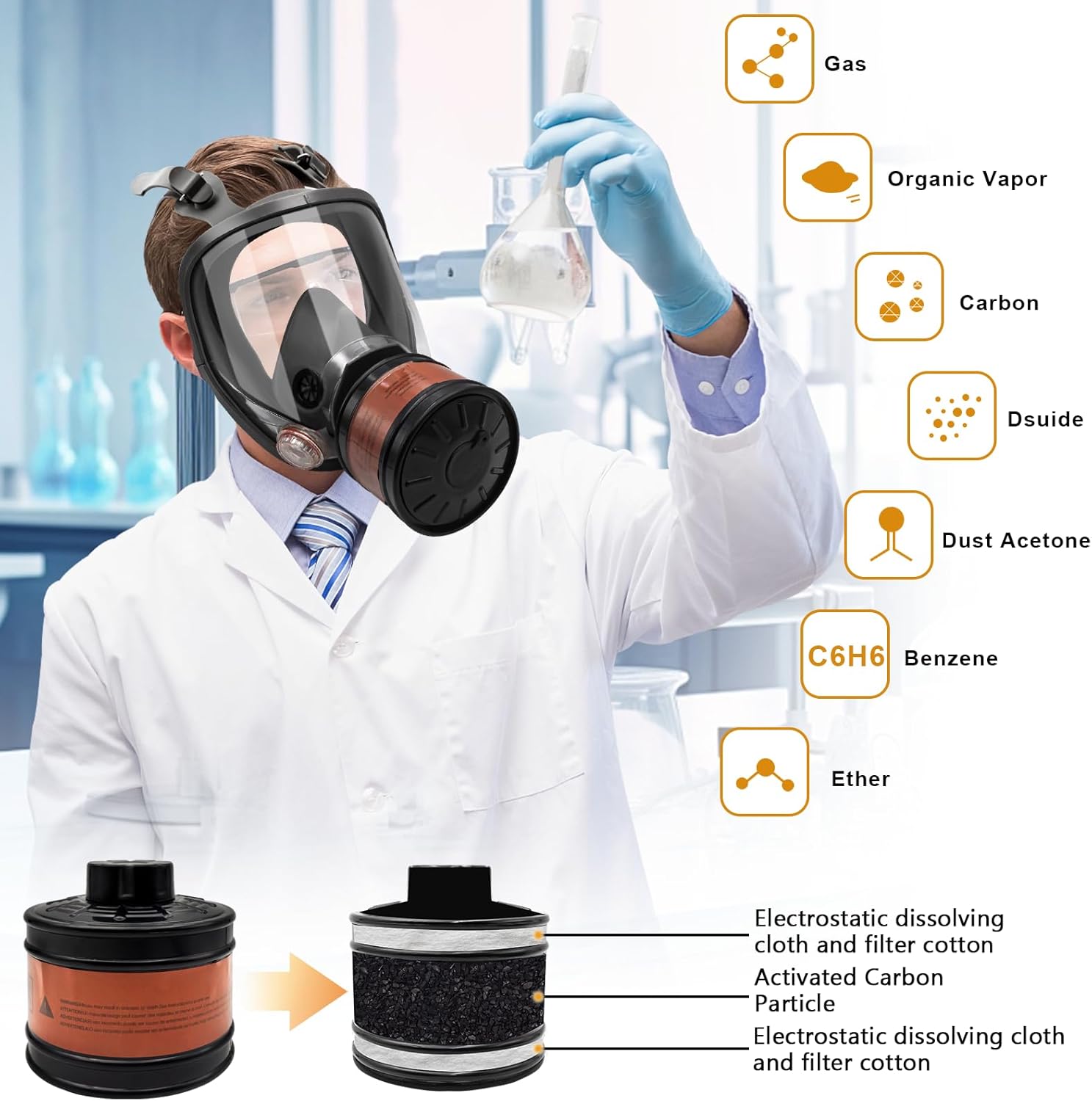 Reusable Full Face Gas Mask with 40mm Activated Carbon Filter U74095