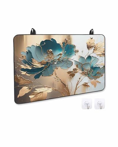 Induction Cooktop Protector Mat 24x21IN, Teal Floral Gold Foil Leaves I252059
