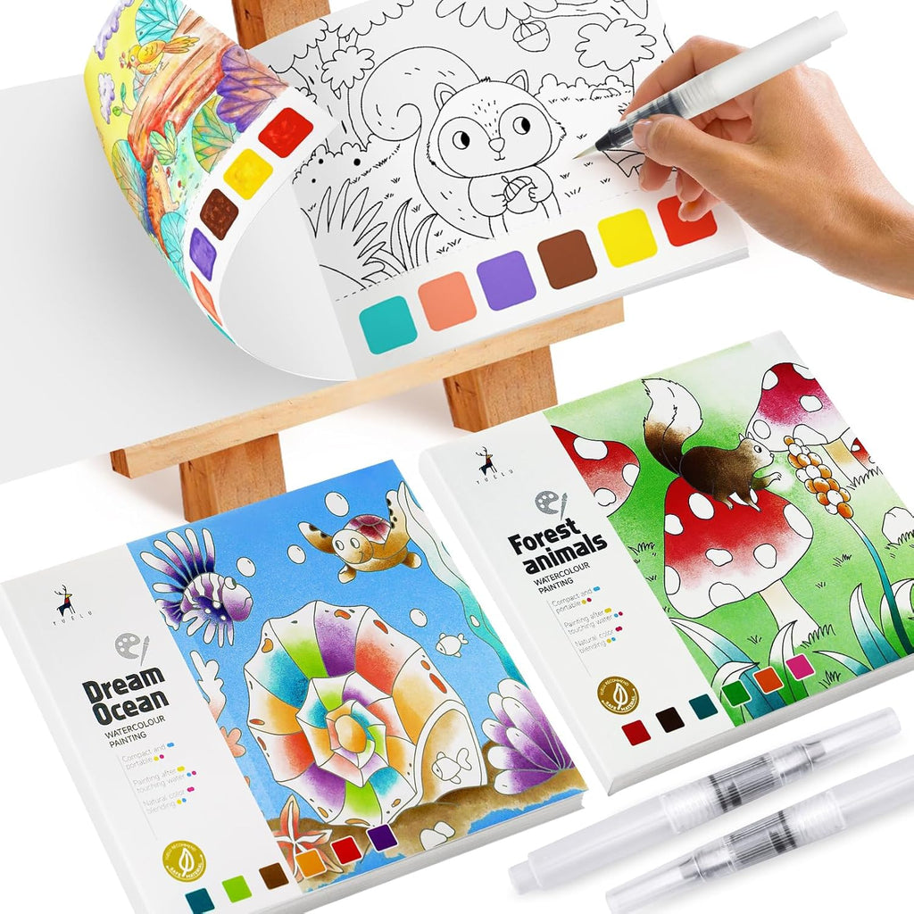 2PCS Watercolor Coloring Books for Kids Ages 4-8 - Watercolor Painting Book for Toddlers - Water Color Paint Sets - Arts and Crafts for 3 4 5 6 7 8 Year Olds Girls Boys Birthday Christmas Gifts