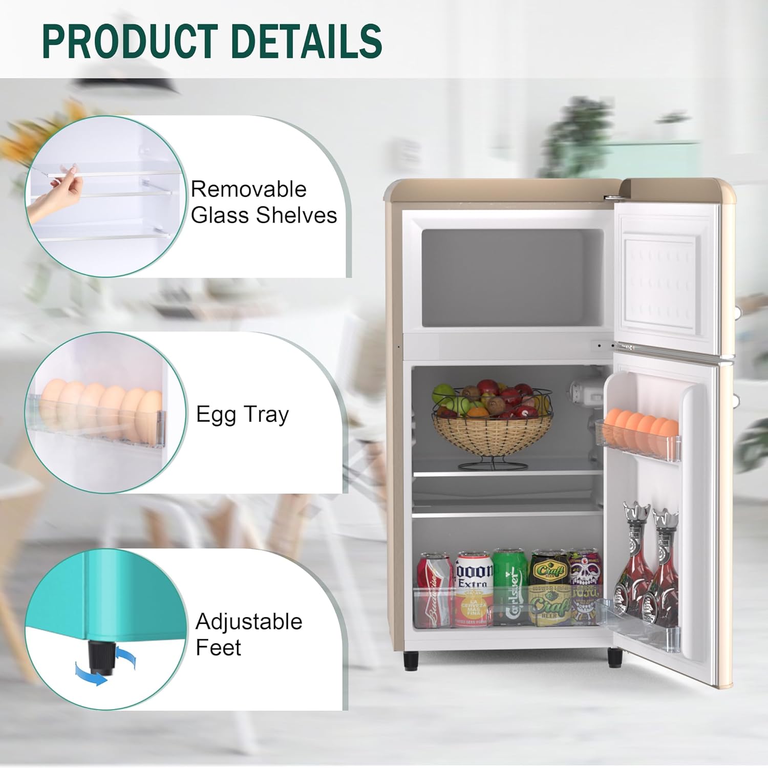 Retro Mini Fridge with Freezer 4.1 Cu. Ft. for Bedroom, Dorm, Office, RV, Apartment (Gold) V532