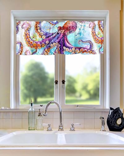 BUWOOGER Rod Pocket Window Valances Summer Coastal Octopus Kitchen Curtains 54x18IN, 1 Panel C33712