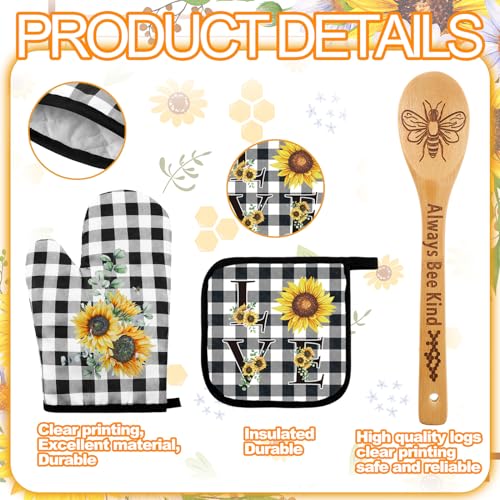 Bencailor 13 Pcs Bee Sunflower Kitchen Decor Set with Wooden Spoons, Towels, Aprons, Oven Mitts & Pot Holders L284856