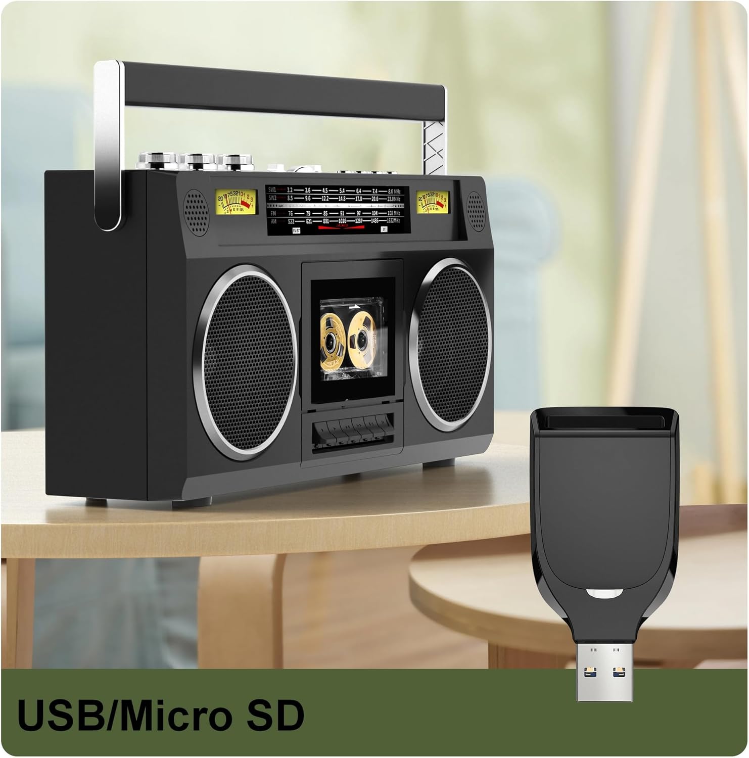 Portable Boombox Radio Cassette Player Recorder with Bluetooth, AM/FM Radio, USB SD Aux-in H756734