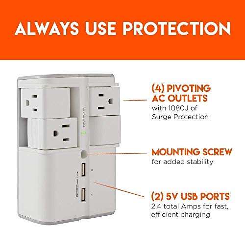 ECHOGEAR USB Wall Charger Surge Protector with 4 Pivoting AC Outlets & 2 USB Ports R922261