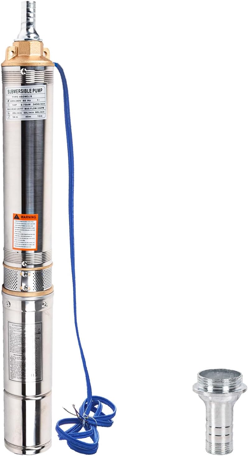 1HP Deep Well Submersible Pump, 220V/ 60HZ 0.75KW Stainless Steel Water Well Pumps for Industrial and Home Use, 1.25" Outlet Submersible Well Pump, 33GPM 207ft Head