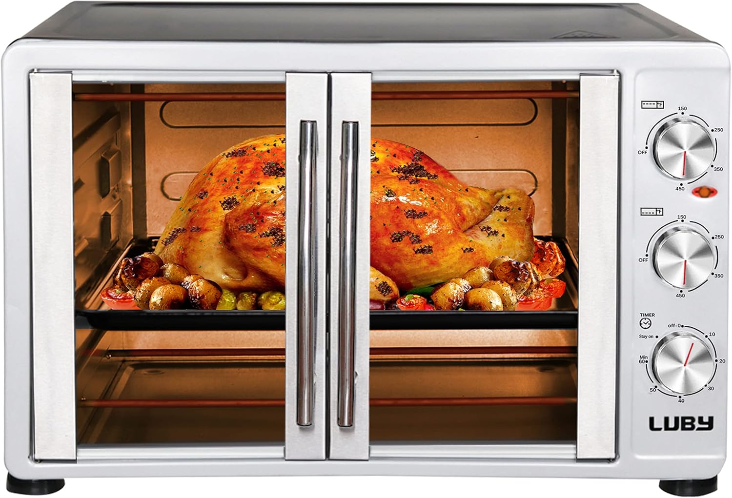 LUBY Large Toaster Oven Countertop, French Door Designed, 55L, 18 Slices, 14'' pizza, 20lb Turkey, Silver