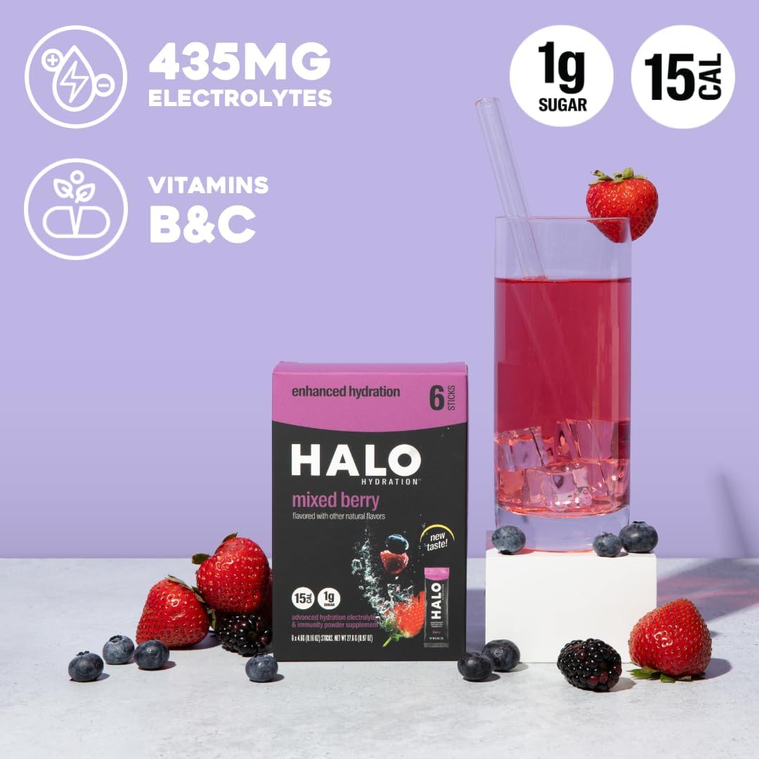 Halo Hydration Berry Electrolyte Drink Powder Sachets, Vitamin C & Zinc, 24 Servings U45129