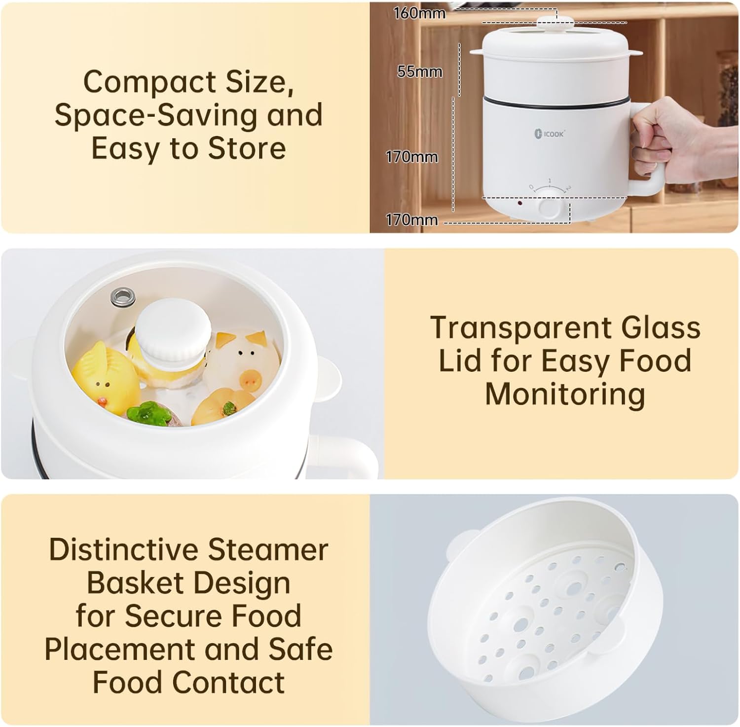 White Ramen Cooker Electric Mini 1.2L with Steamer Nonstick Coating K822