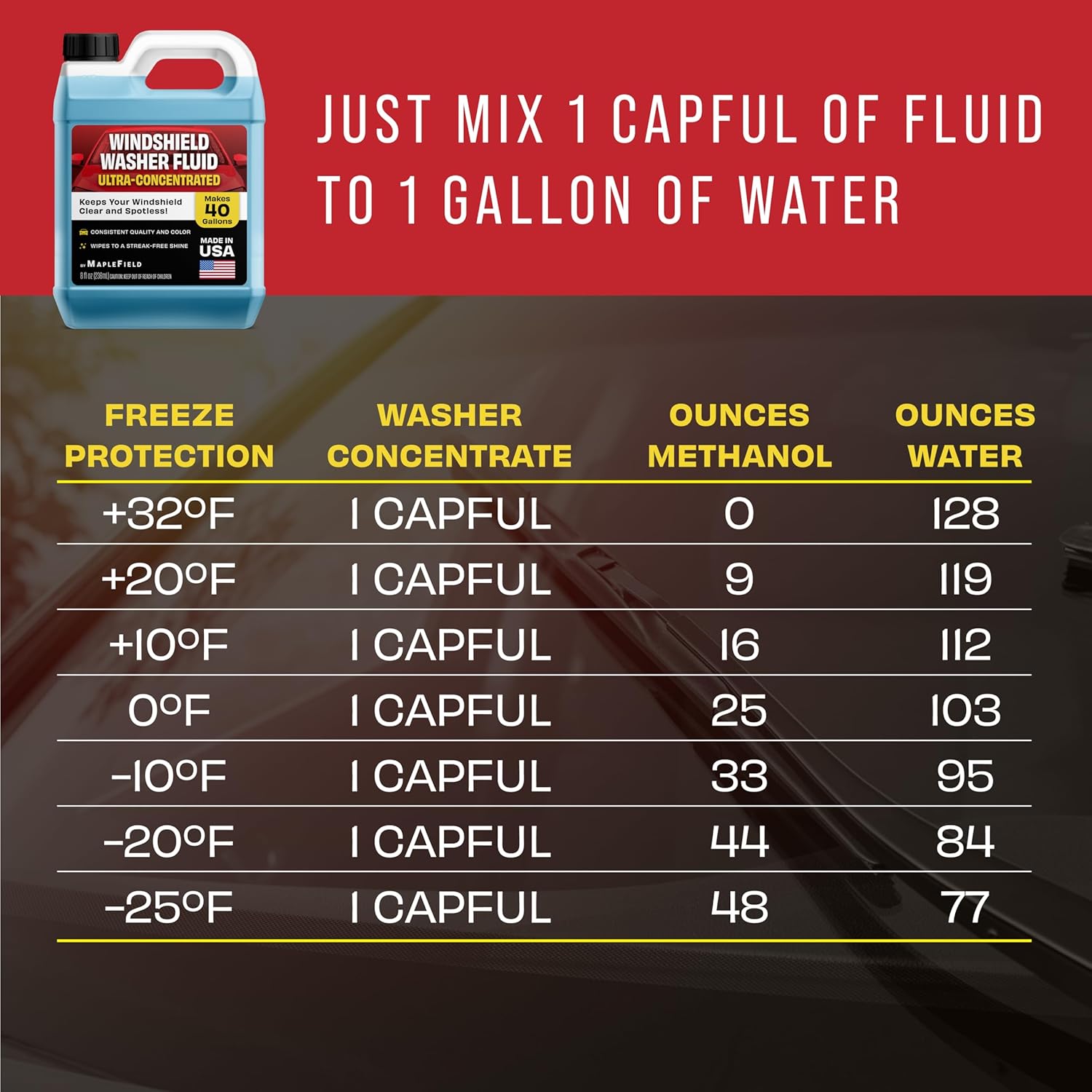 Maplefield Windshield Washer Fluid Concentrate, All-Season Streak-Free, 8 fl oz V2732