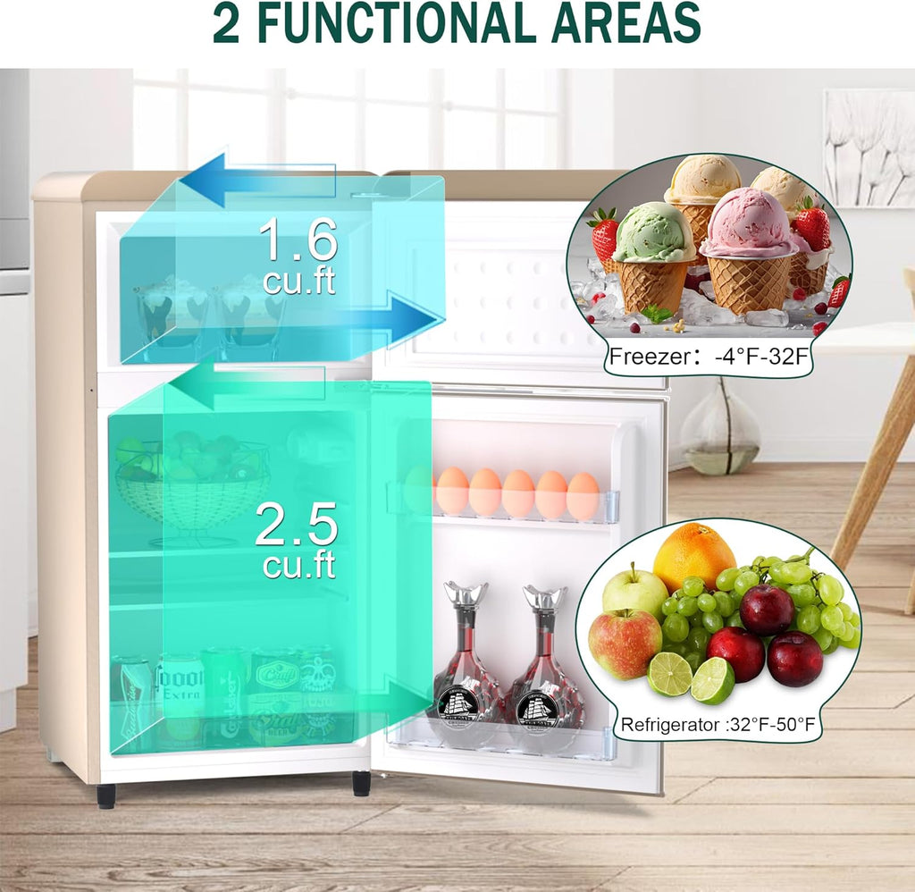 Retro Mini Fridge with Freezer 4.1 Cu. Ft. for Bedroom, Dorm, Office, RV, Apartment (Gold) V532
