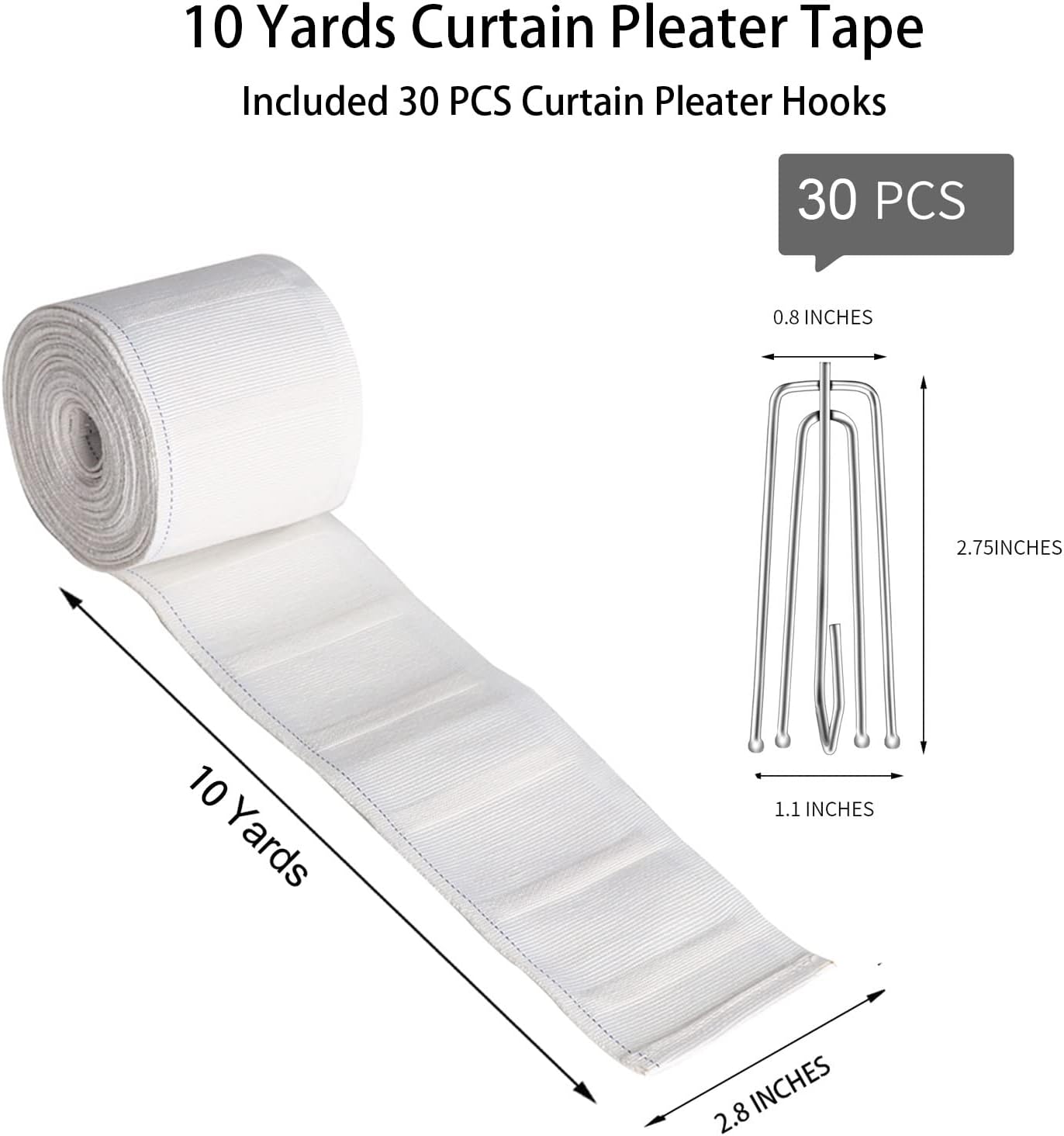 Curtain Pleat Tape 10 Yards with 30 Stainless Steel Hooks, White Q374659