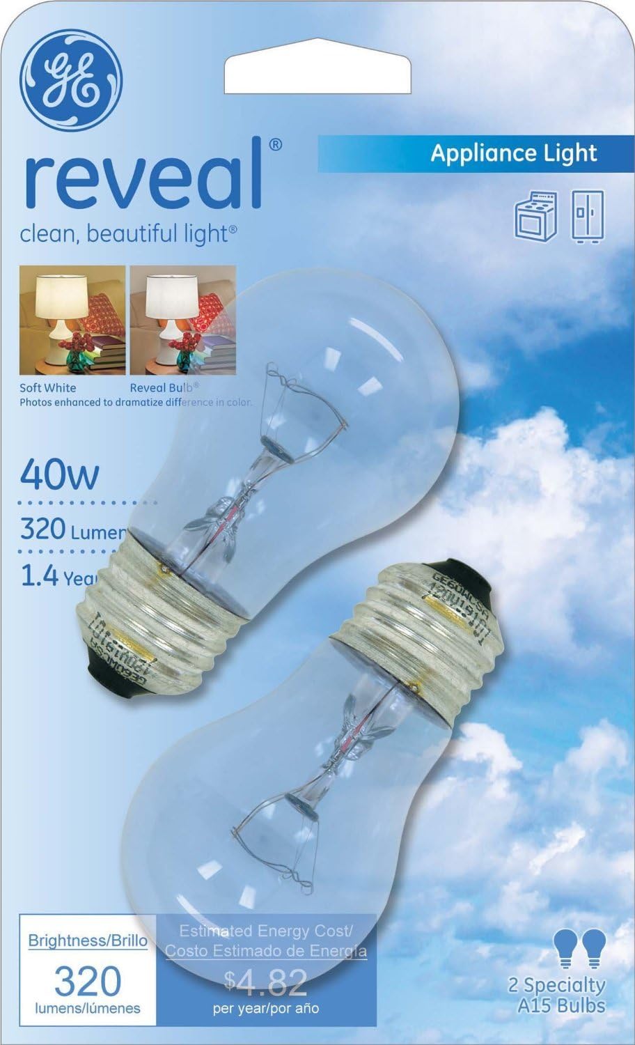 GE Lighting 48706 40-Watt Reveal A15 Appliance Bulb, 6 Pack O135863