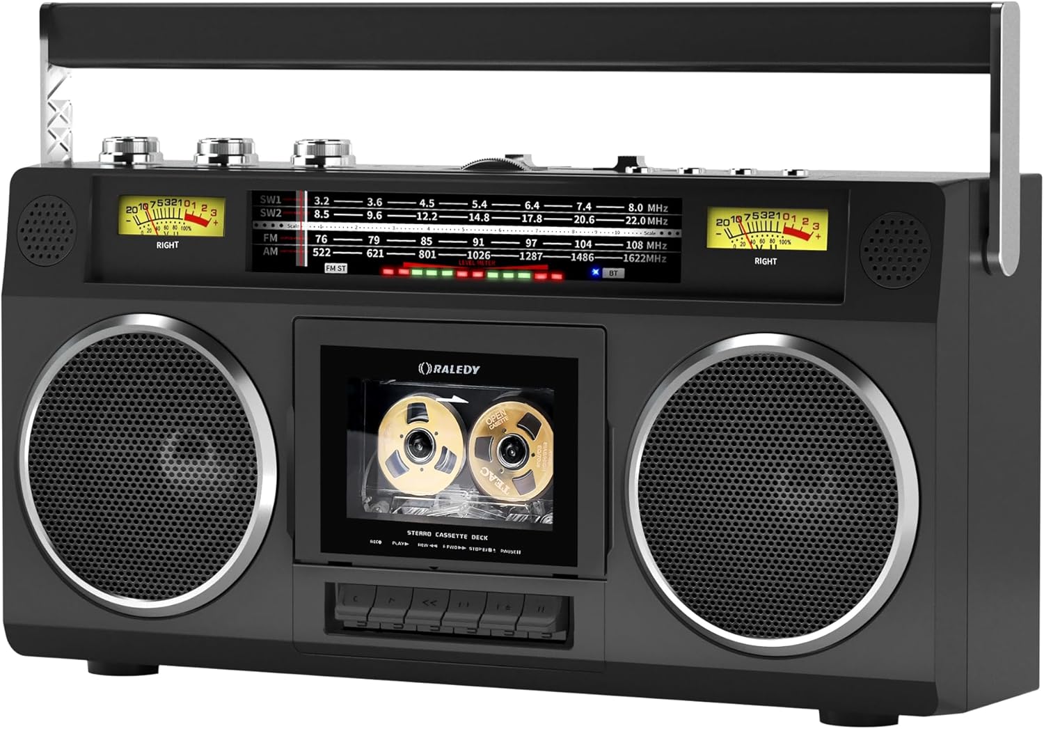 Portable Boombox Radio Cassette Player Recorder, AM/FM/SW1/SW2 Radio, Wireless Streaming, Retro Blueooth Boombox USB SD Aux-in Headphone Jack Bass Control