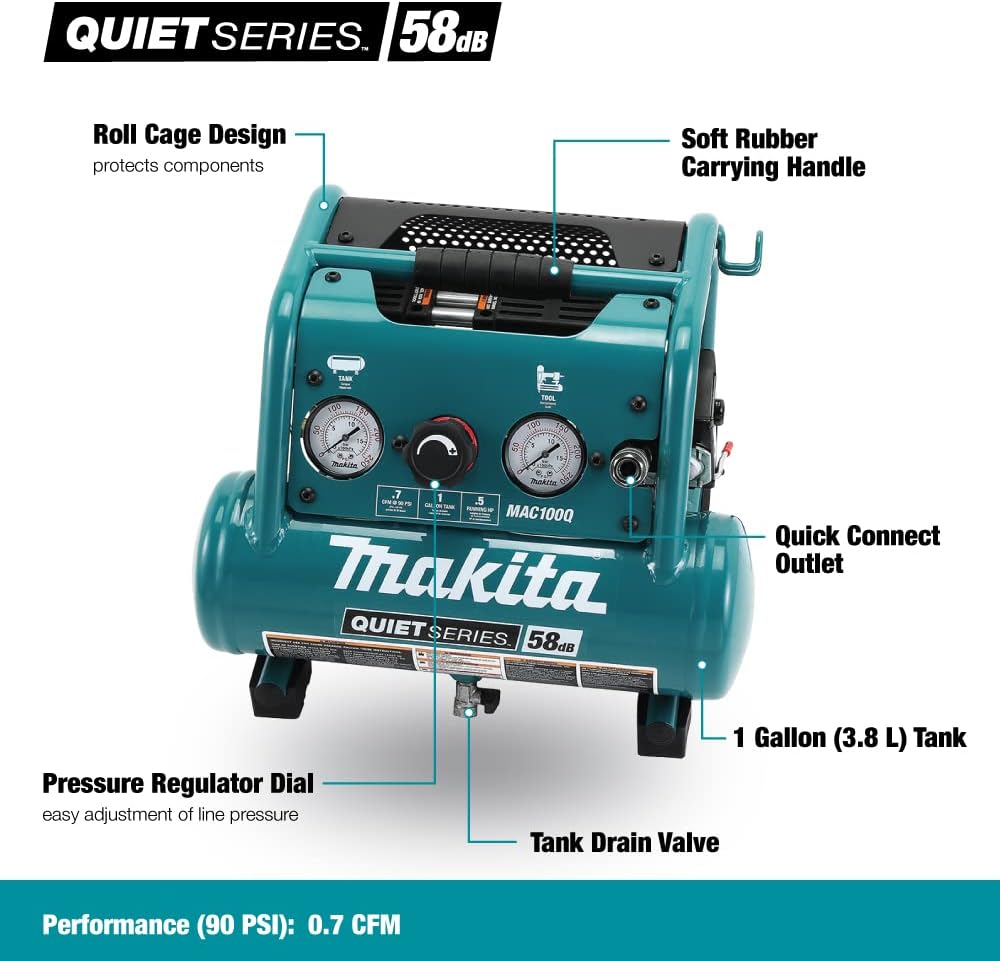Makita MAC100Q Quiet Series 1/2 HP 1 Gallon Oil-Free Electric Air Compressor N634206