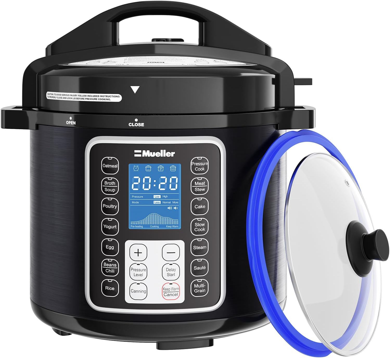 Mueller 6 Quart Pressure Cooker 10 in 1, Cook 2 Dishes at Once, Tempered Glass Lid incl, Saute, Slow Cooker, Rice Cooker, Yogurt Maker and Much More