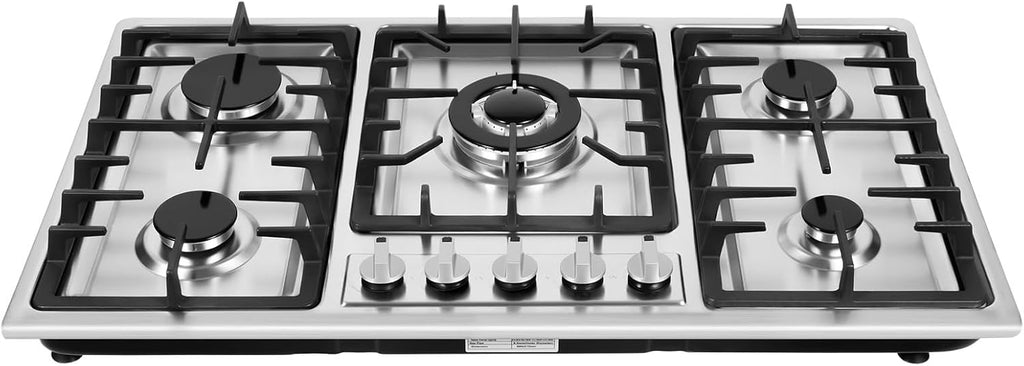 Gas Cooktop 34 inch 5 Burners, Built-in Gas Stove Top Five Different Powered Burners, NG/LPG Convertible Dual Fuel Automatic Flame Failure Protection Device Fully Enclosed Stainless Steel Panel.