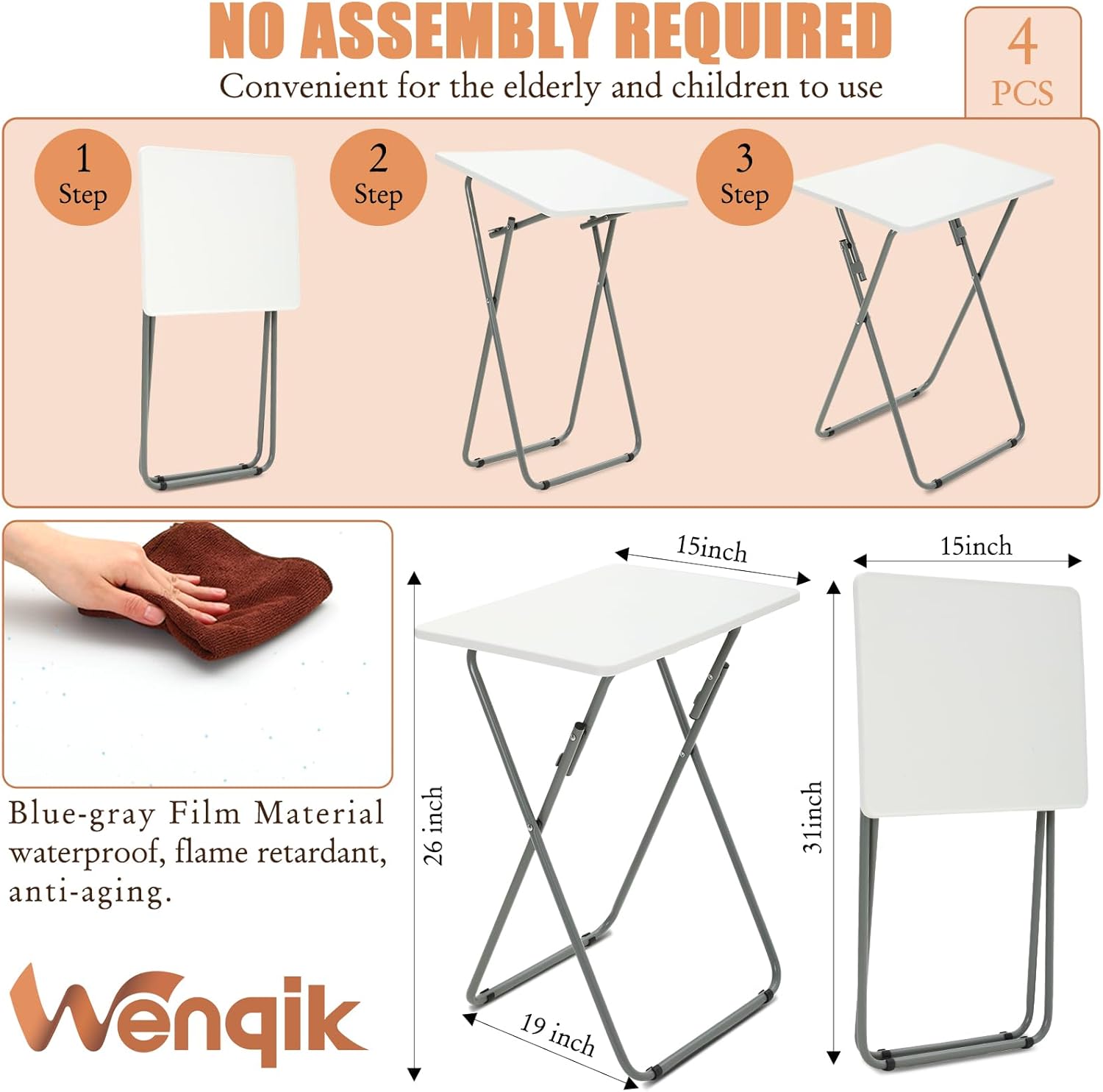 Folding TV Tray Tables Set of 4, White, 19 x 15 x 26 Inch F49145