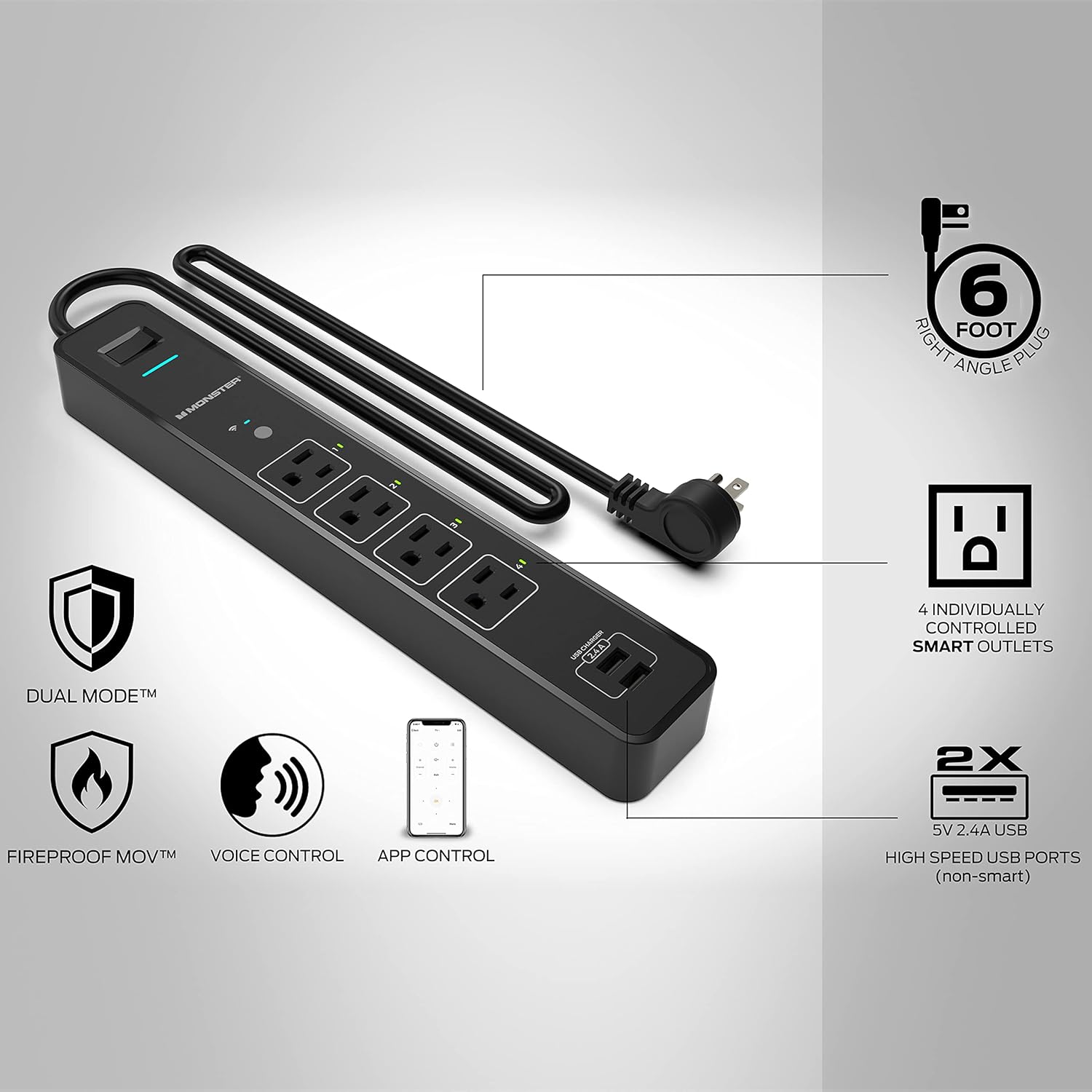 Monster Smart Power Outlet WiFi with Alexa & Google Assistant, 4 Outlets 2 USB-A, Black J392