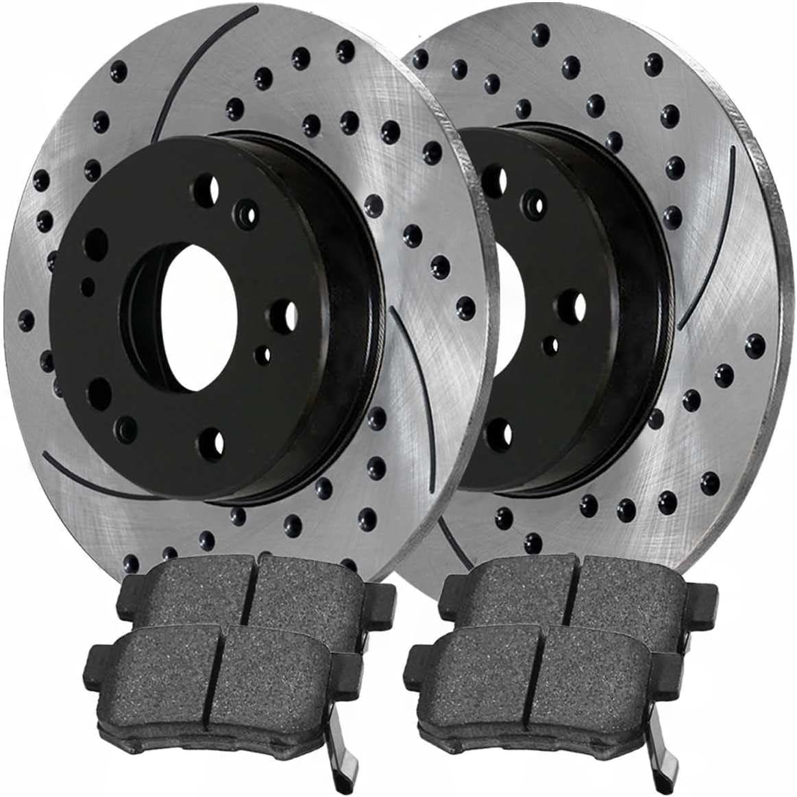 8pcs Ceramic Brake Pad Sets with Drilled and Slotted Rotors Kit Front Rear Black I300969