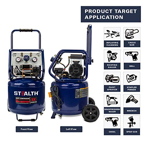Stealth 12 Gallon Ultra Quiet Air Compressor, 1.5 HP Oil-Free, 150 PSI V9003