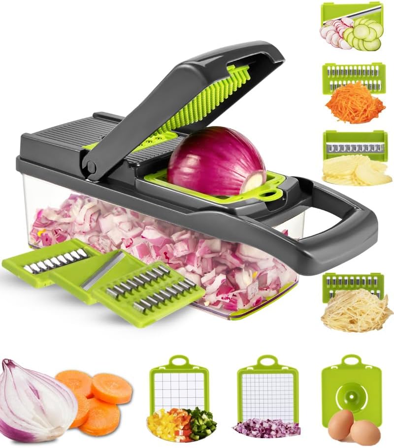 Brigii Vegetable Chopper with 12 Kitchen Gadgets - Food Chopper, Mandoline Slicer, Dicer Cutter; Vegetable Cutter for Onions, Cucumbers, Carrots, Potatoes (Gray-Green)