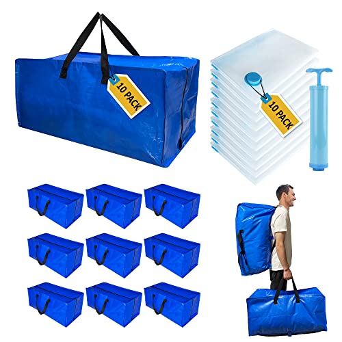 6 Pack Heavy Duty Extra Large Moving Bags with Backpack Straps & Vacuum Storage Bags Moving Supply Combo, Moving Totes with Handles & Zippers for Space Saving, Fold Flat, Includes Vacuum Bags