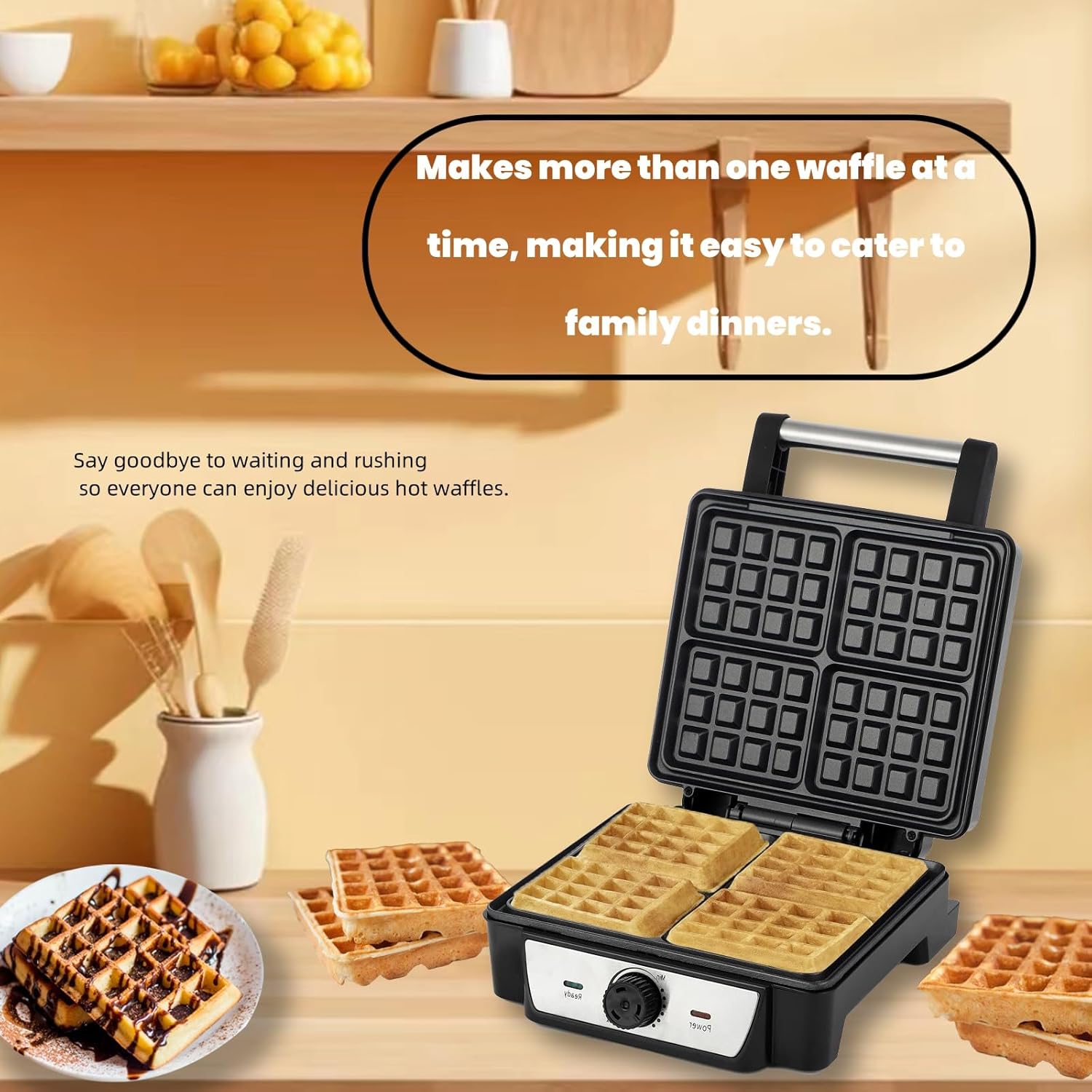 4 Slice Belgian Waffle Maker with Non-Stick Pan L385