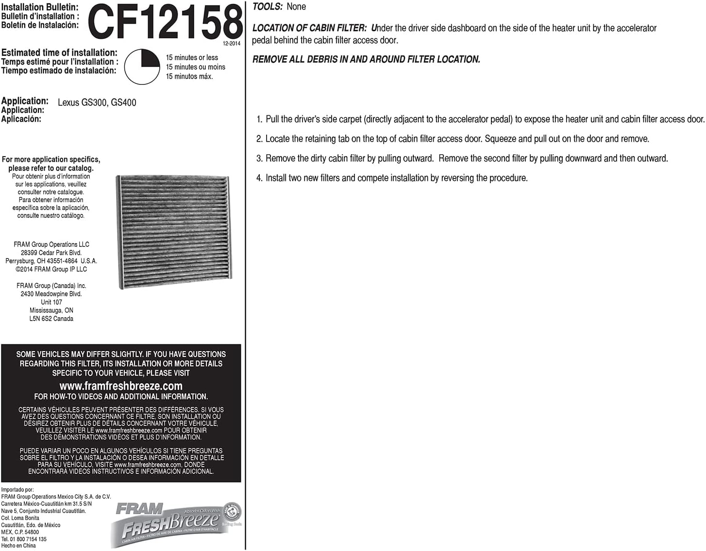 FRAM Fresh Breeze Cabin Air Filter CF12158 for Select Lexus Vehicles J30601