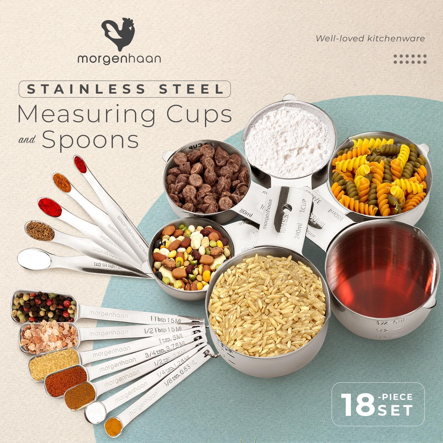 Stainless Steel Measuring Cups and Spoons Set 18-Piece, Dishwasher Safe S8073