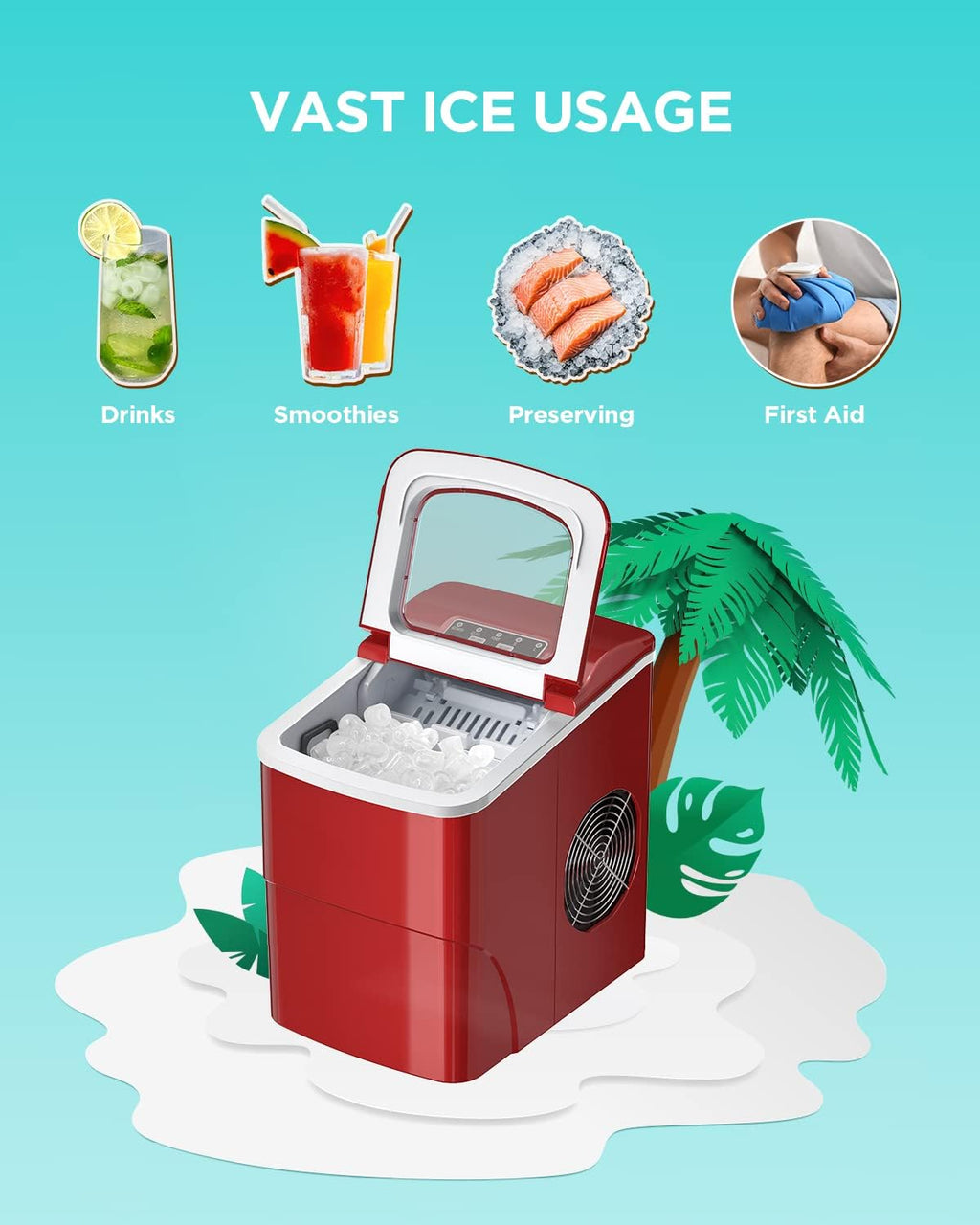 Silonn Ice Maker Machine for Countertop, 26lbs/24Hrs, Self-Cleaning, Red V370339
