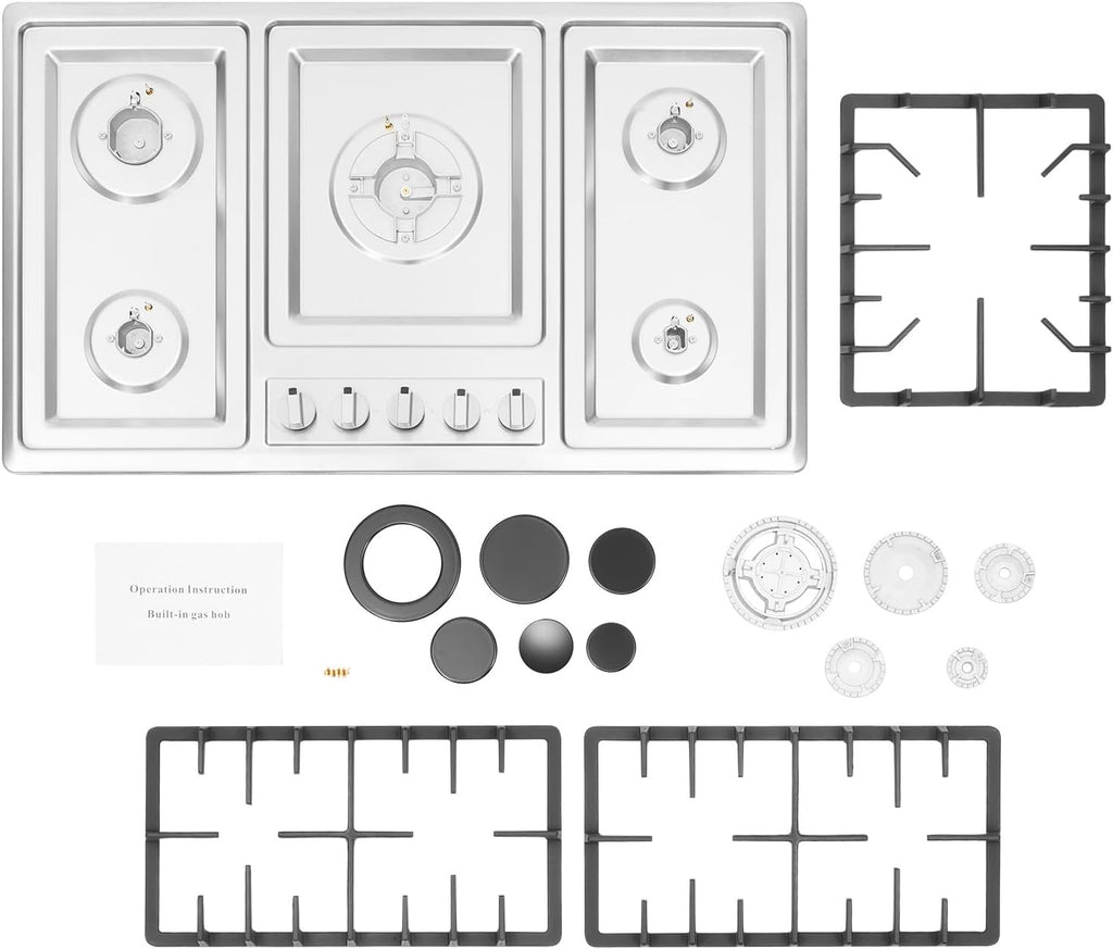 Gas Cooktop 34 inch 5 Burners Built-in Stainless Steel NG/LPG R454