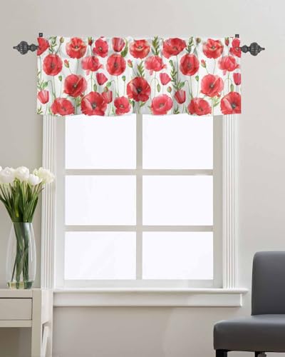 BUWOOGER Rod Pocket Window Valances Watercolor Red Poppy Flower White Short Kitchen Curtains Floral Blossom Art Window Treatment Drapes for Bedroom Bathroom Living Room 54x18IN,1 Panel