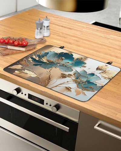 Induction Cooktop Protector Mats 24x21IN, Teal Floral Blossom Gold Foil Leaves Stove Top Covers Mat Cooker Scratch-Proof Pats for Electric Induction Stove Baking Kitchen Abstract Gradient Flower Art