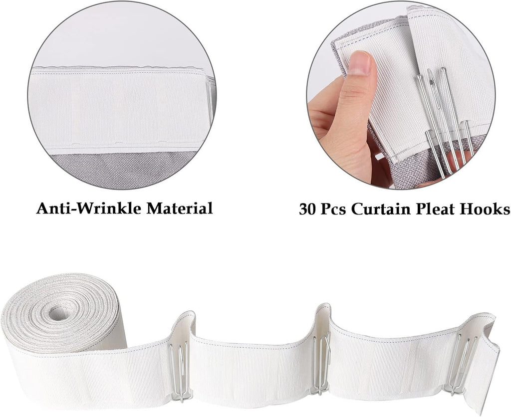 Curtain Pleat Tape 10 Yards with 30 Stainless Steel Hooks, White Q374659