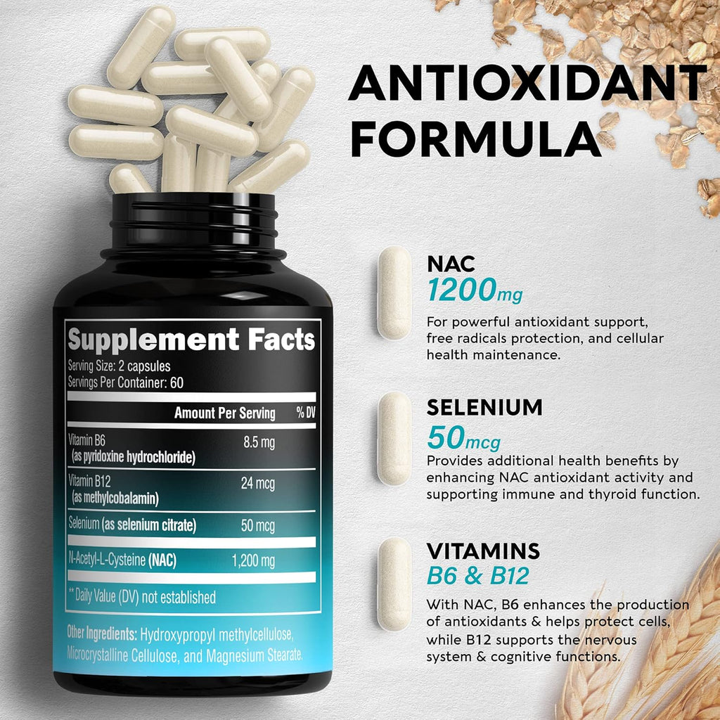 NAC Supplement 600mg Selenium B6 B12 Immune Support, Non-GMO, Vegan N925