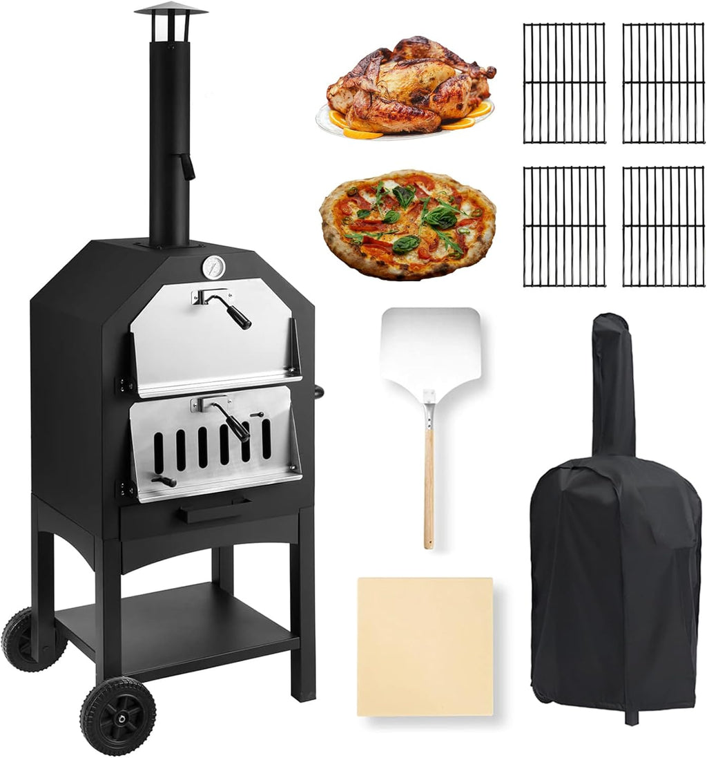 Pizza Oven Outdoor, Wood-Fired Pizza Oven 63" Height Patio Pizza Maker with Pizza Stone, Pizza Peel, Grill Rack and Waterproof Cover for Outside Backyard Camping
