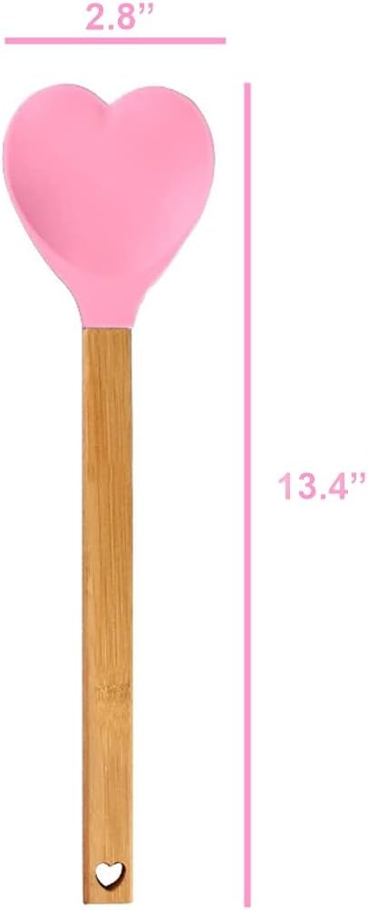 Heart shaped silicone spatula with bamboo handle, pink Q7212