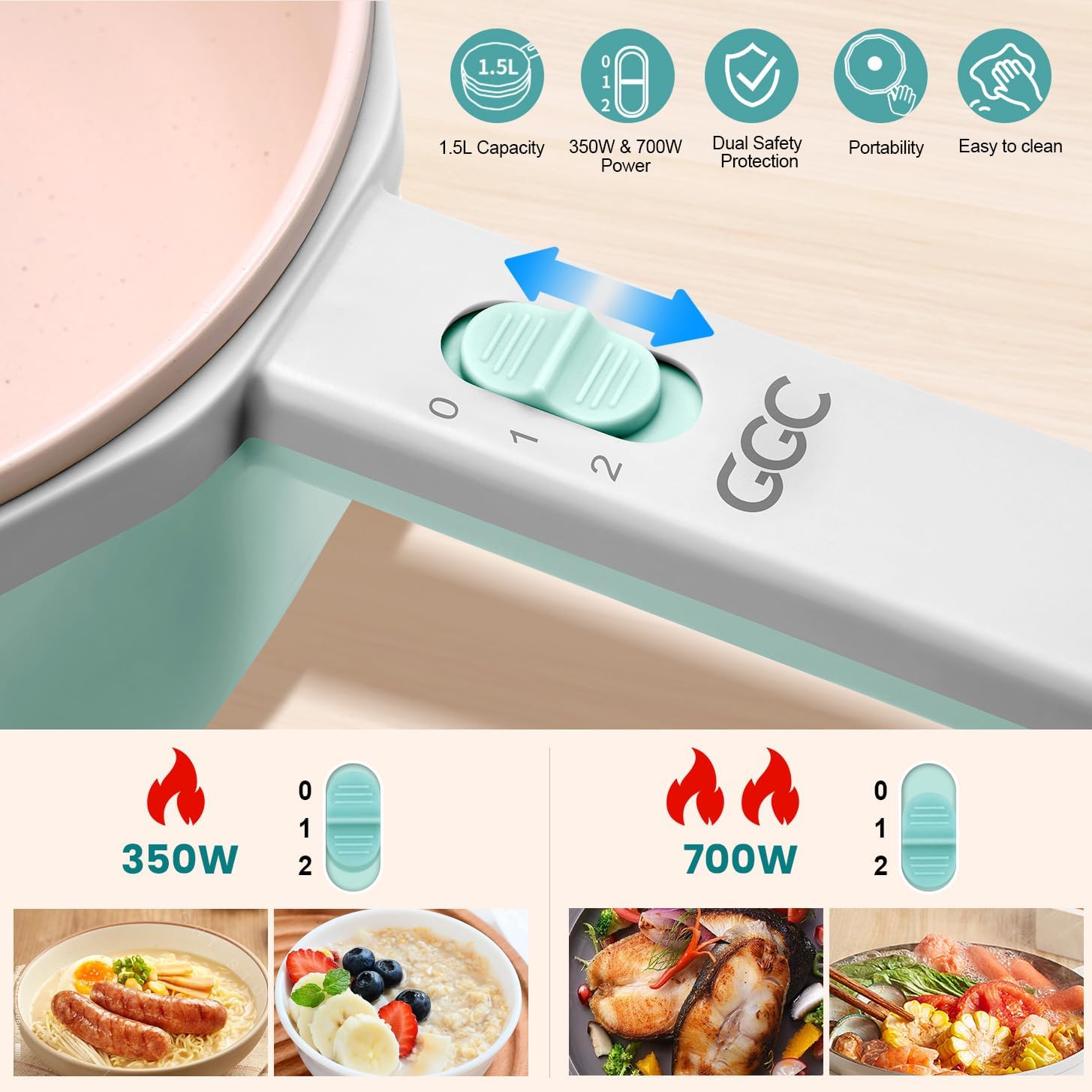 GGC Electric Hot Pot with Steamer, 1.5L Non-stick Cooker O529961