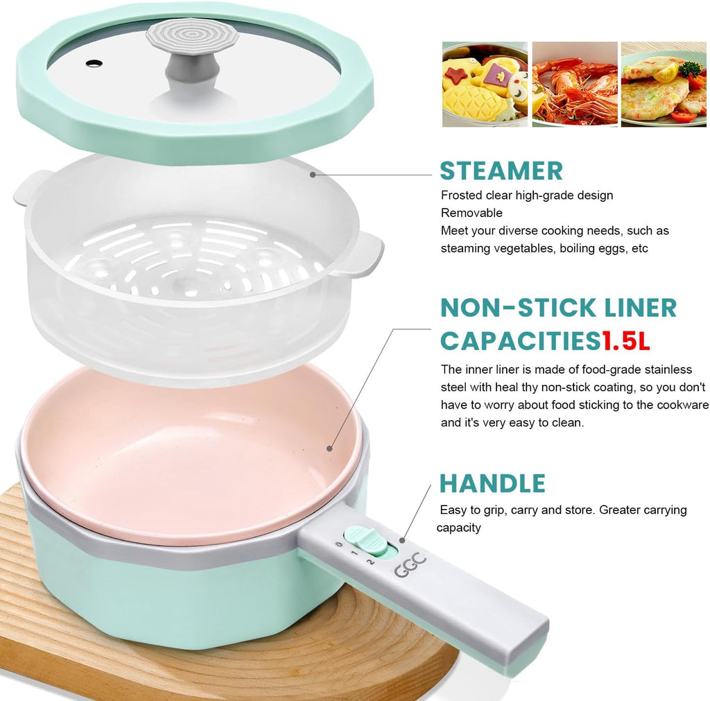 GGC Electric Hot Pot with Steamer, 1.5L Non-stick Cooker O529961