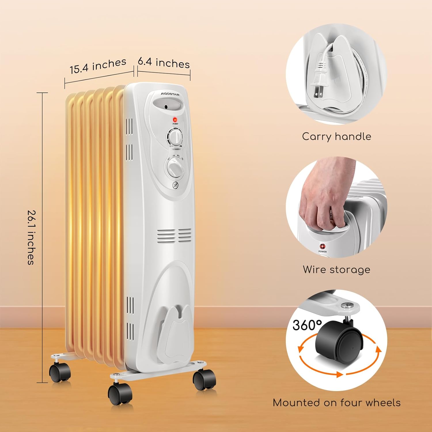 Aigostar 1500W Oil Filled Radiator Heater, 7-Fin, Adjustable Thermostat Y544