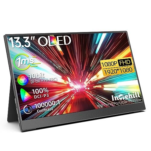 Intehill Portable Gaming Monitor 13.3-inch OLED Monitor with FHD Screen Response Time 1ms Vivid Color 10bit 100% DCI-P3 Mini PC Monitor External Monitor for Laptop Switch Samsung Dex