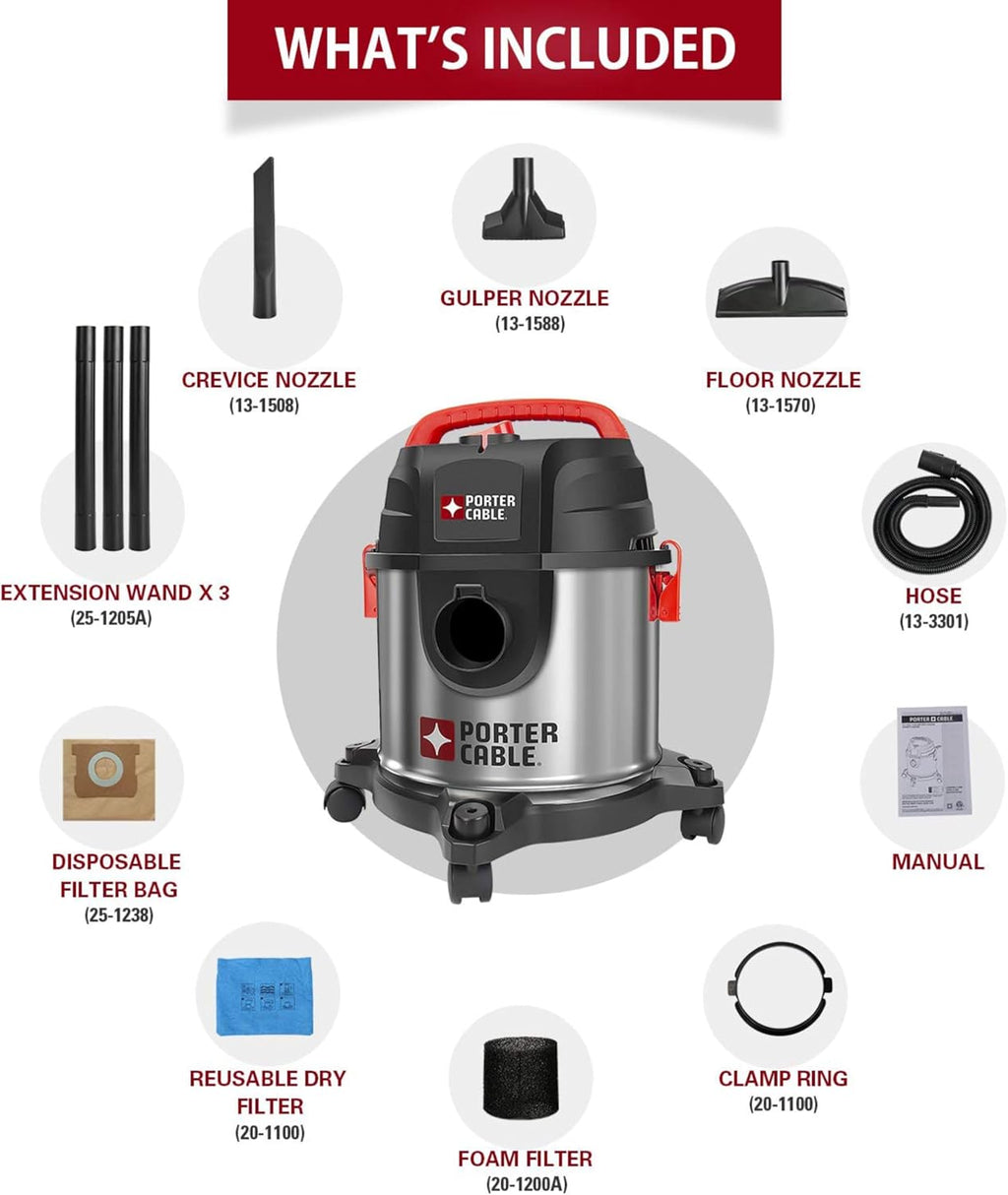 PORTER-CABLE PCX18301-4B 4 Gallon 4 HP Wet/Dry Vacuum, Stainless Steel Portable P1704