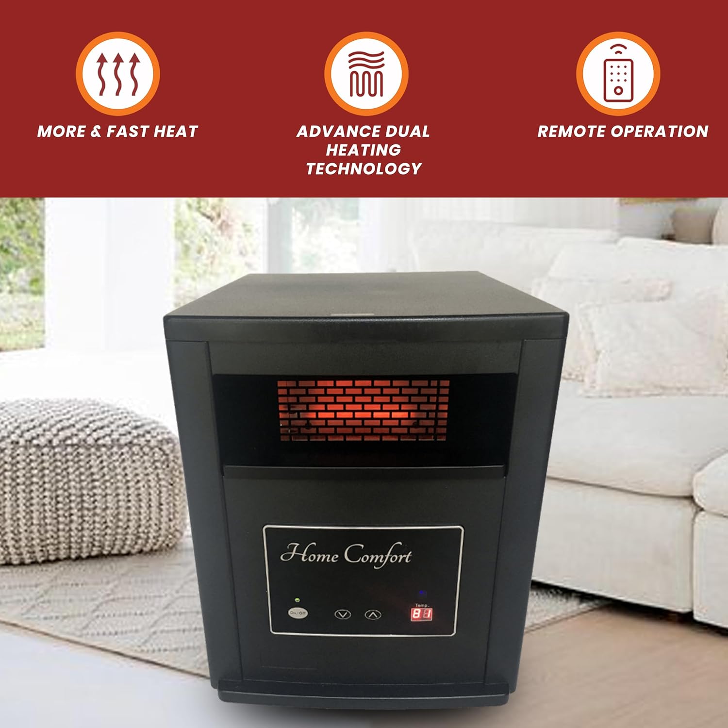 Home Comfort 1500W Infrared Heater with Thermostat and Remote Control, Black P998994