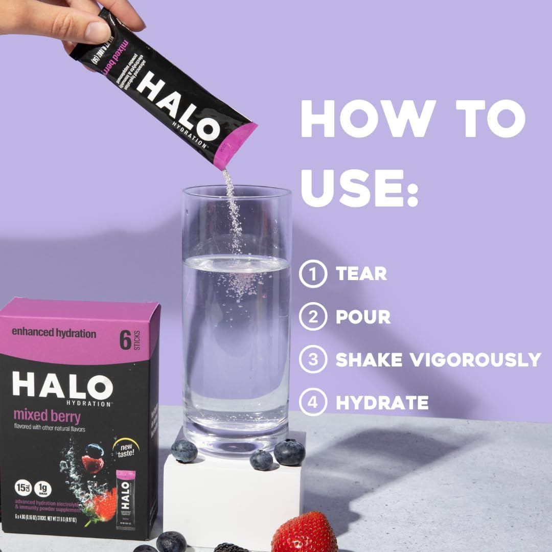 Halo Hydration Berry Electrolyte Drink Powder Sachets, Vitamin C & Zinc, 24 Servings U45129