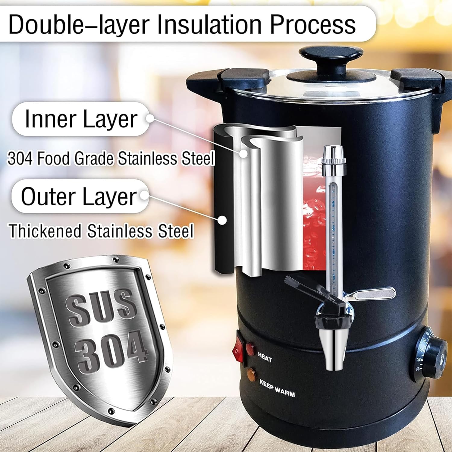 Commercial Coffee Urn 50-Cup 8L Stainless Steel Hot Drink Dispenser M3476