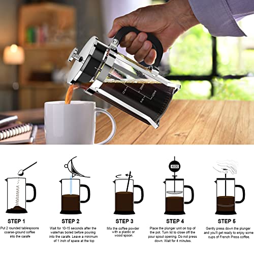 QUQIYSO French Press Coffee Maker 304 Stainless Steel with 4 Filter D497