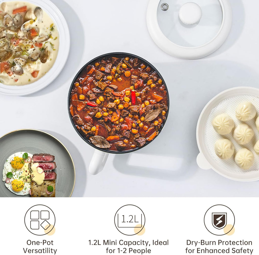White Ramen Cooker Electric Mini 1.2L with Steamer Nonstick Coating K822