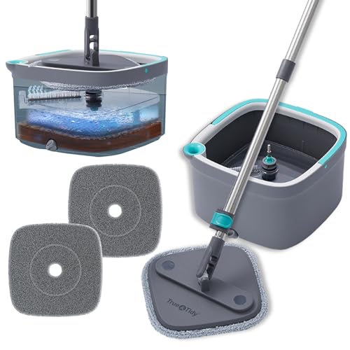 Square Spin Mop and Bucket Smart Floor Mop with Separate Compartments for Clean and Dirty Water, Self Cleaning with 2 Machine Washable Mop Pads