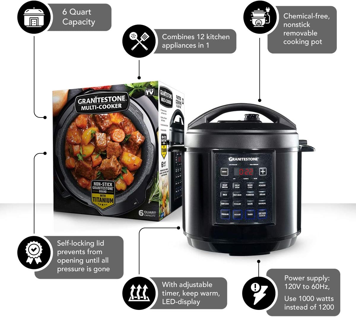Granitestone 12-in-1 Multicooker 6 Quart with LED Display A391
