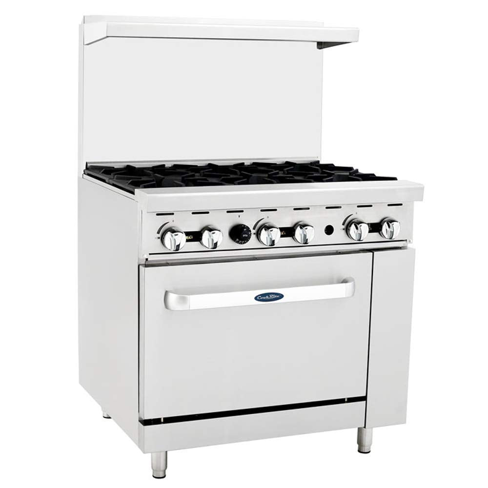 Atosa CookRite AGR-6B-NG 36" Gas Range with Full-Size Oven, Over Shelf and Backsplash Cooker Stove for Diner | 6 Cast Iron / 1 Oven Burner | Heavy Duty Stainless Steel, 219,000 BTU, Natural Gas (NG)